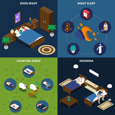 Sleep time isometric design concept with persons in bed, insomnia and exercise counting sheep isolated vector illustration