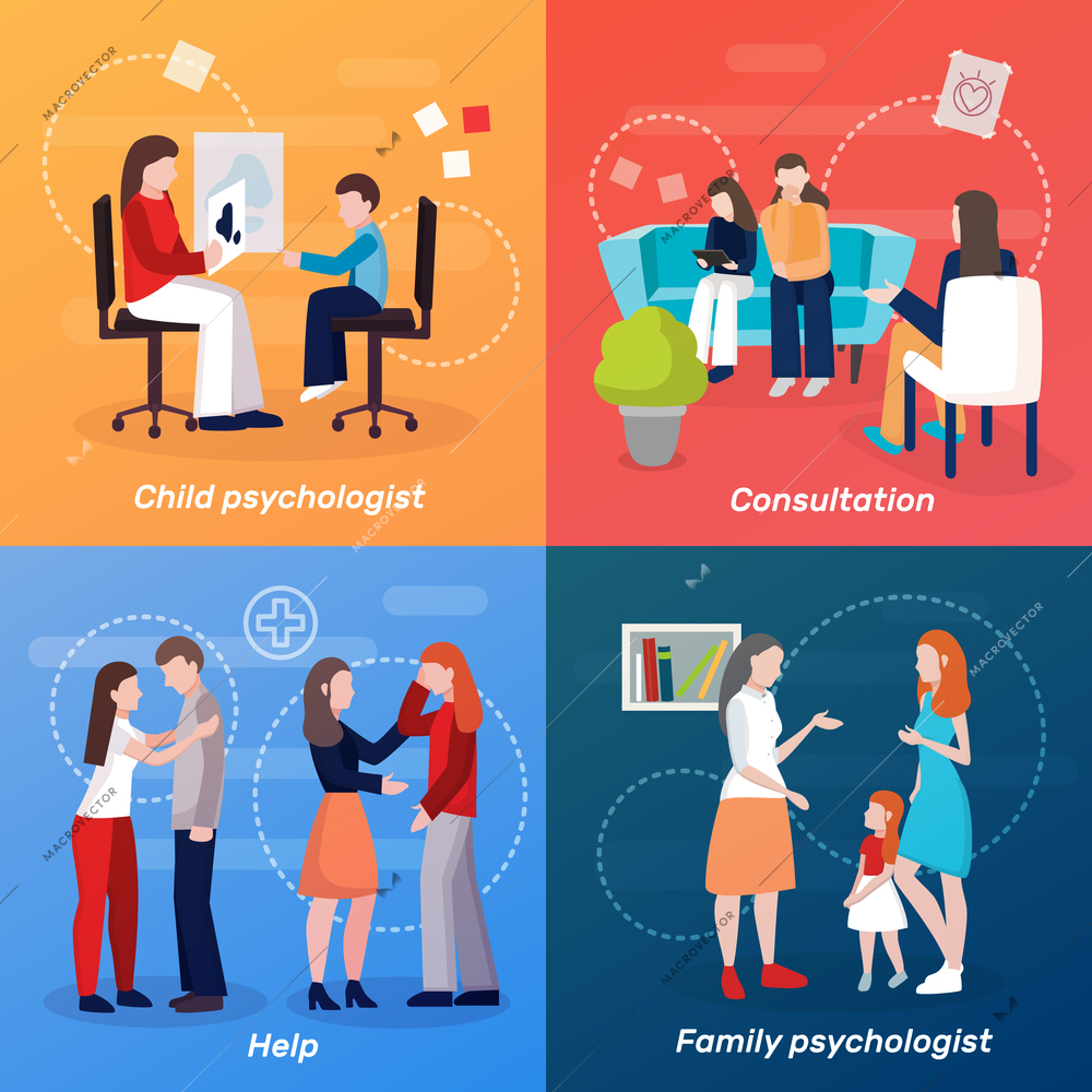 Psychologist counseling people 2x2 design concept with flat human characters of family couch doctor at consultation vector illustration