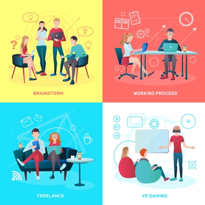 Creative team coworking people gradient flat design concept with human characters working process symbols and pictograms vector illustration