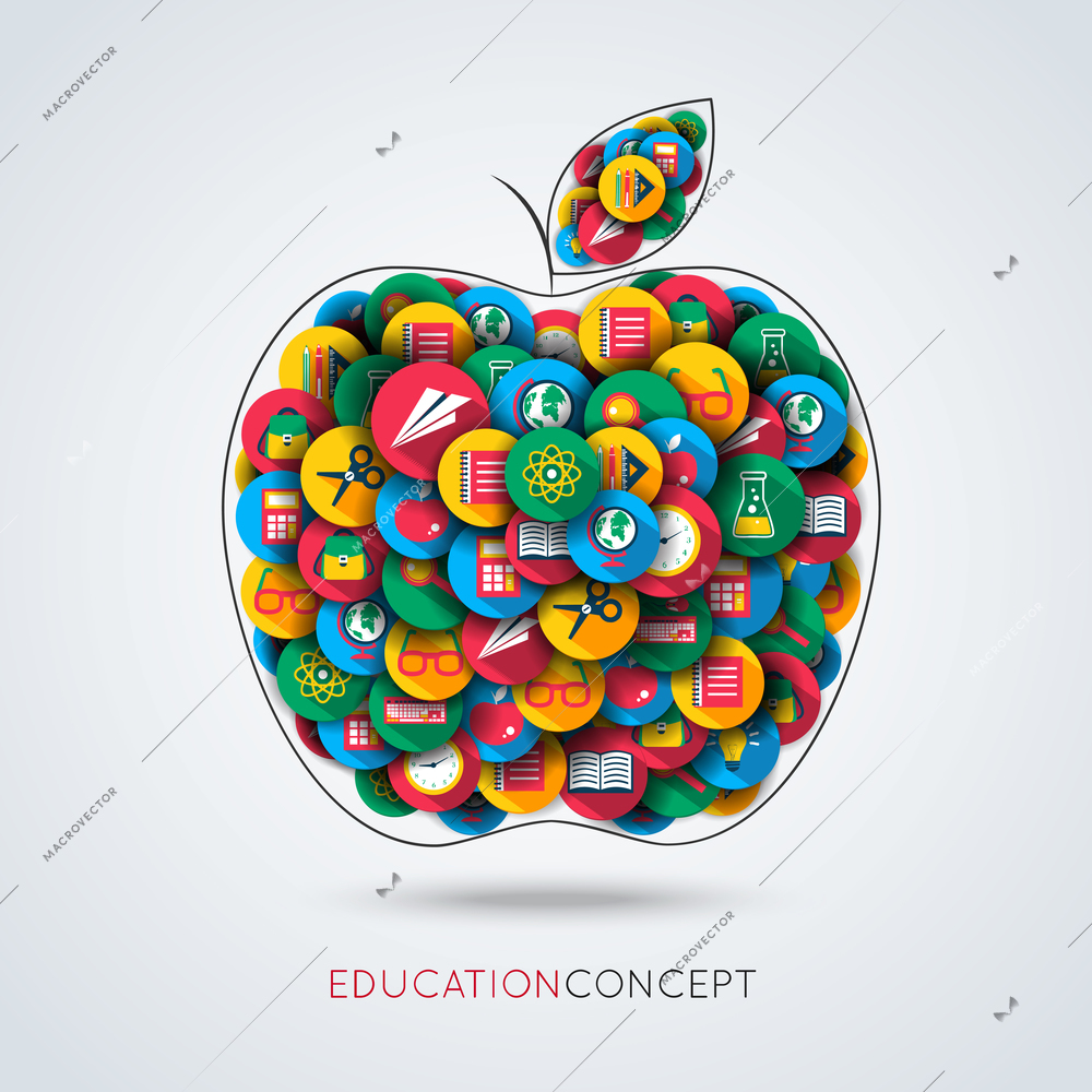 Knowledge icons set in a form of apple education concept composition vector illustration