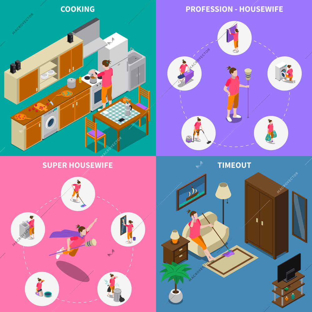 Isometric design concept with professional and super housewife during cooking and break time isolated vector illustration