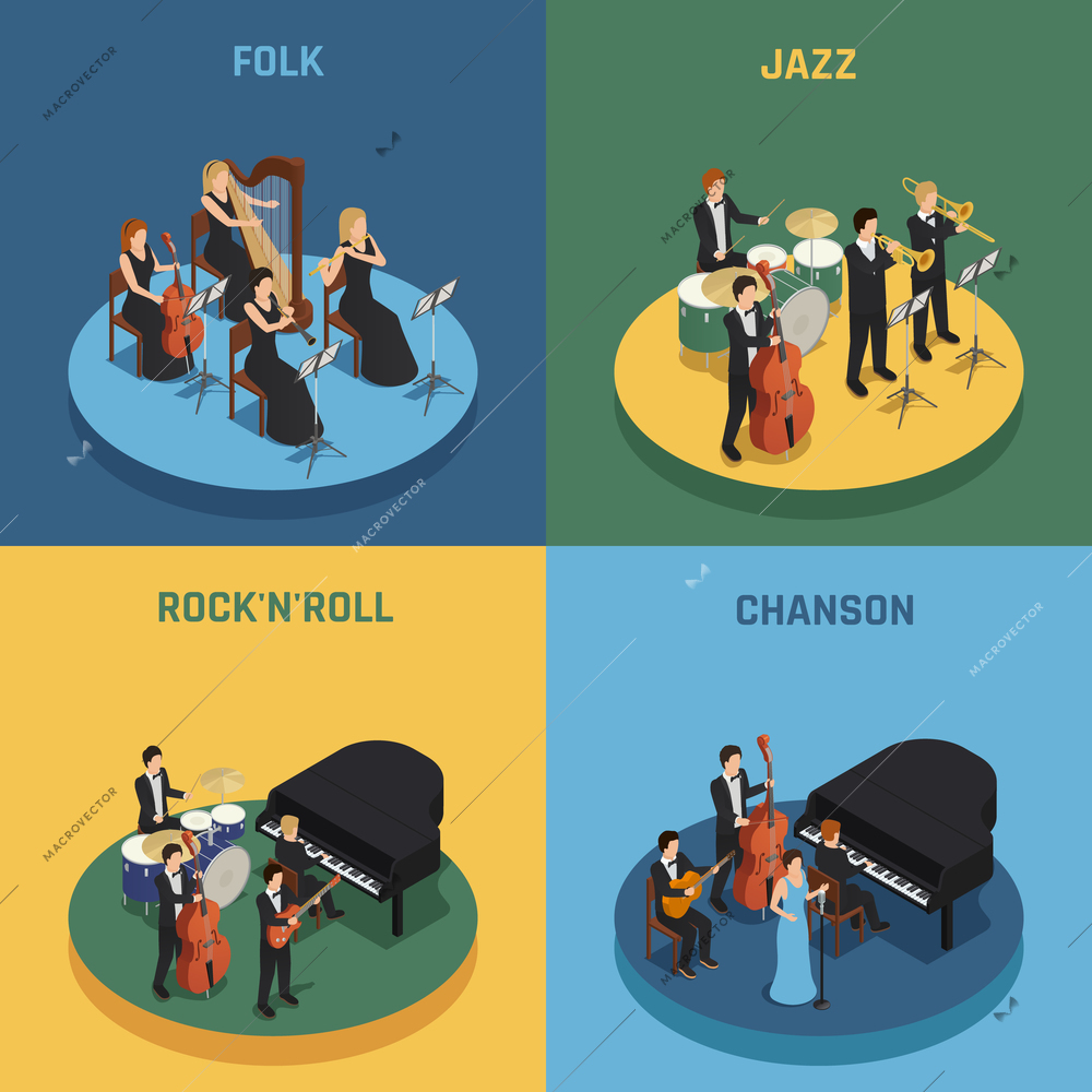 Orchestra playing various music rock n roll chanson folk and jazz isometric 2x2 concept isolated on colorful backgrounds 3d vector illustration