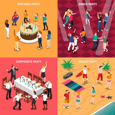 Isometric design concept with people at birthday party, dance evening, corporate celebration and beach isolated vector illustration