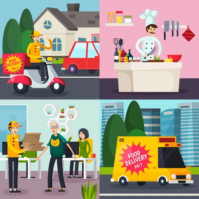 Catering orthogonal flat concept with cooking meal, food delivery, courier with order in office isolated vector illustration