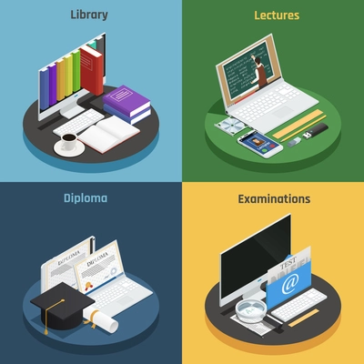 E-learning 2x2 isometric concept with various devices electronic library and diploma on colorful backgrounds 3d isolated vector illustration