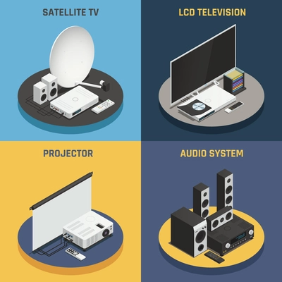 Home theater system projector and satellite 2x2 isometric icons set isolated on colorful backgrounds 3d vector illustration