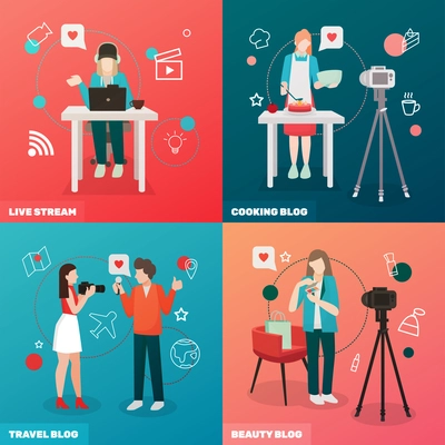 Bloggers people flat 2x2 design concept with compositions of human characters camera broadcast and love pictograms vector illustration