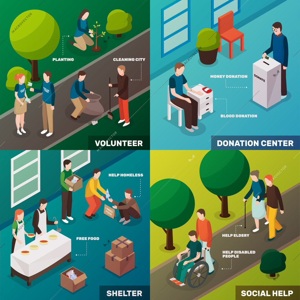 Charity volunteer people isometric 2x2 design concept with human characters of young humanitarian enthusiasts and activities vector illustration