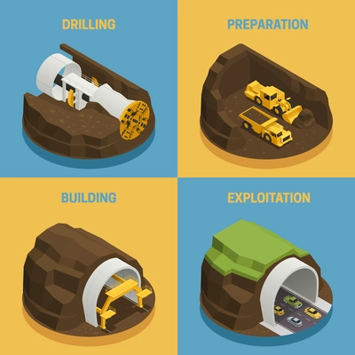 Stages of tunnel construction process isometric 2x2 icons set isolated on colorful backgrounds 3d vector illustration