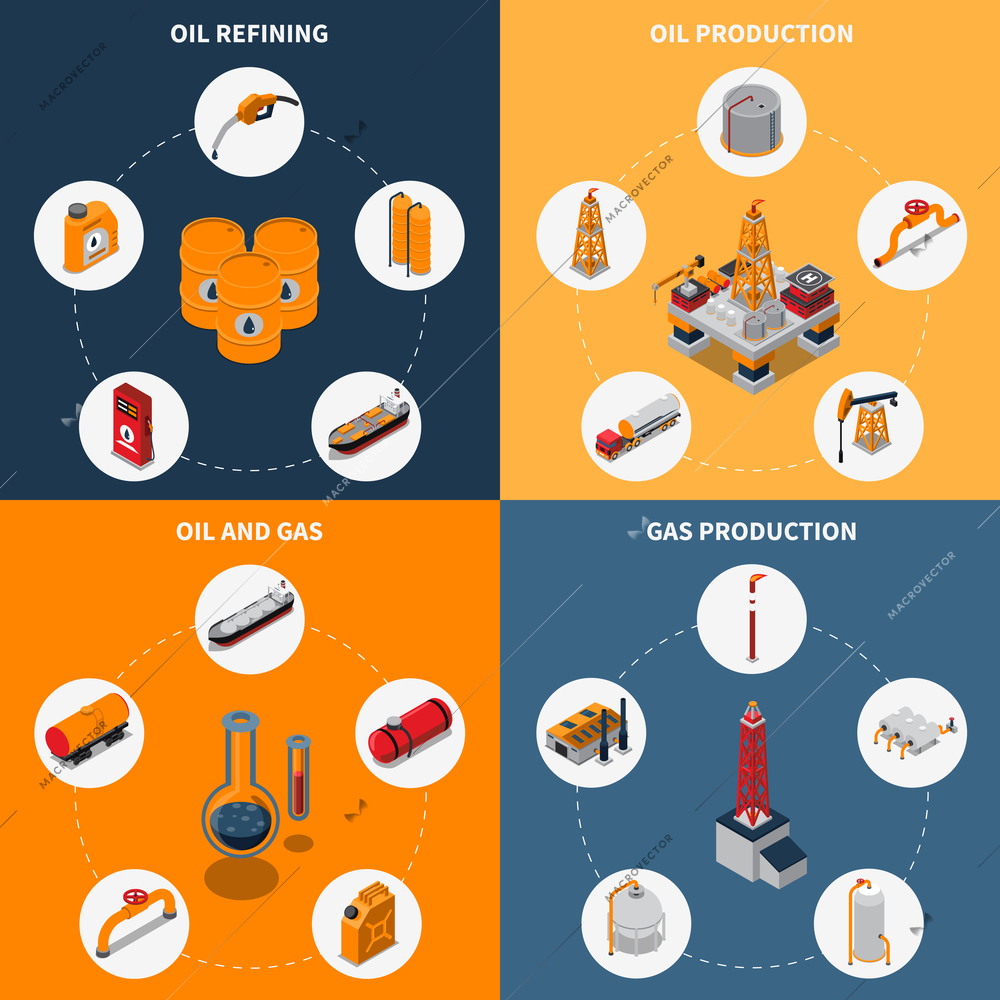 Isometric design concept with oil production and refining, gas extraction and storage, fuel transportation isolated vector illustration