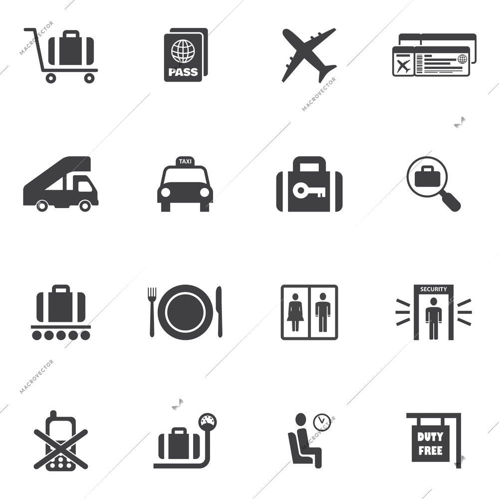 Airport icon set of airplane suitcase security check lounge isolated vector illustration