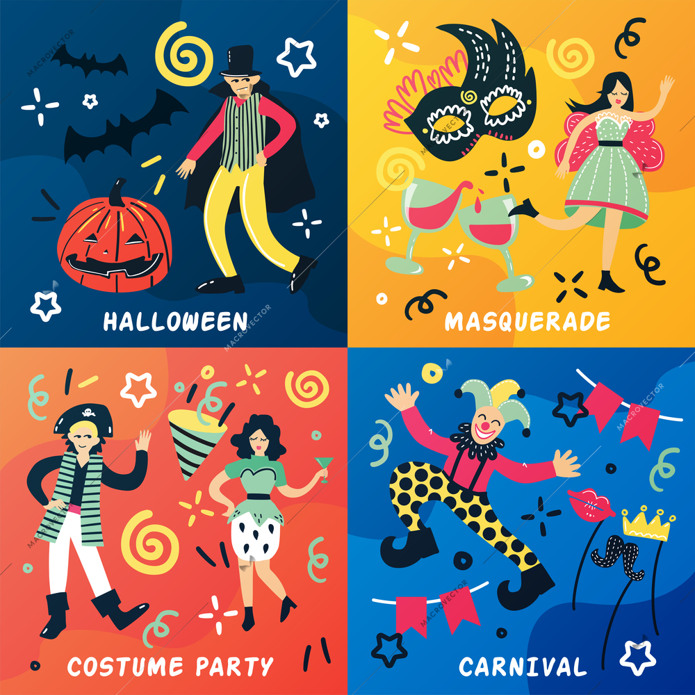 Costume party doodle 2x2 design concept with cartoon style flat people characters and drawn decorative symbols vector illustration