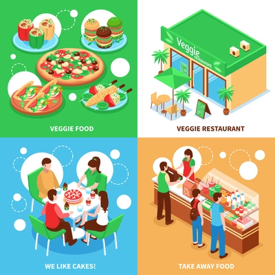 Vegetarian 2x2 design concept set of veggie food veggie restaurant take away food and favorite cakes square icons isometric vector illustration