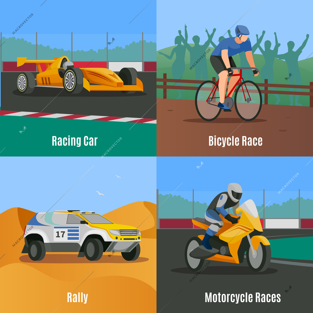 Racing flat 2x2 design concept with doodle style images of motor vehicles and bicycle race track vector illustration