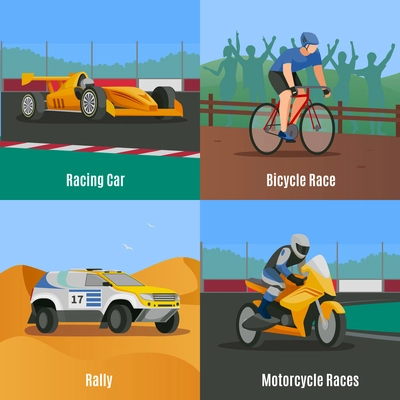 Racing flat 2x2 design concept with doodle style images of motor vehicles and bicycle race track vector illustration