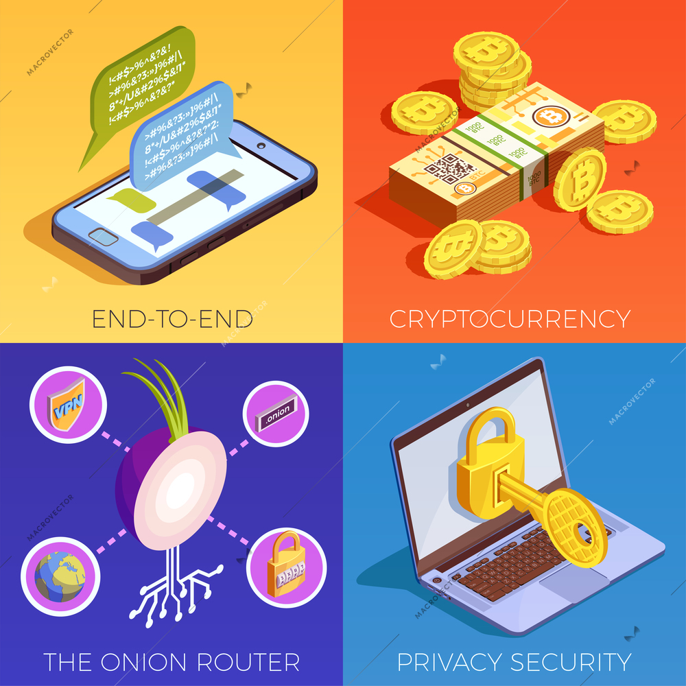 Data encryption cyber security isometric 2x2 design concept with end-to-end encryption and privacy pictograms vector illustration