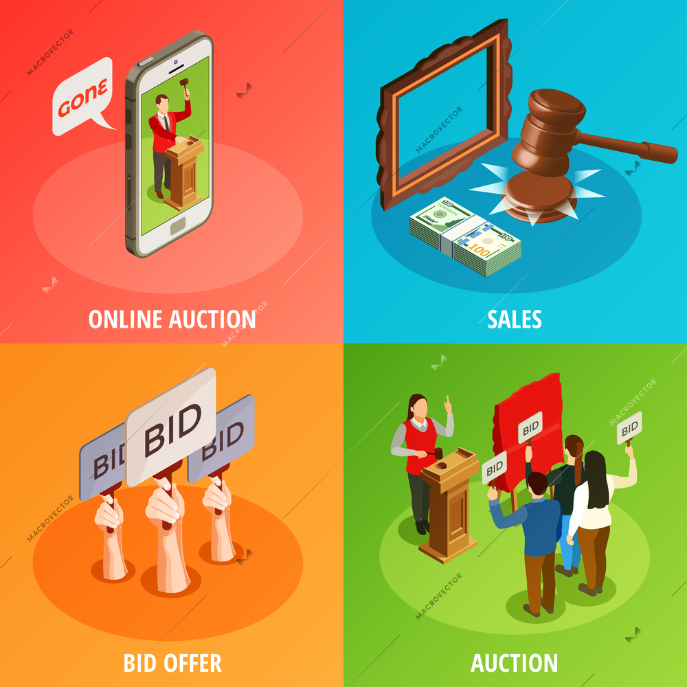 Auction isometric 2x2 design concept with images of human hands holding auction paddles and smartphone online application vector illustration