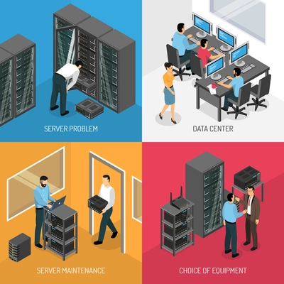 Datacenter 2x2 design concept of square compositions describing choice of equipment and work in server maintenance isometric vector illustration