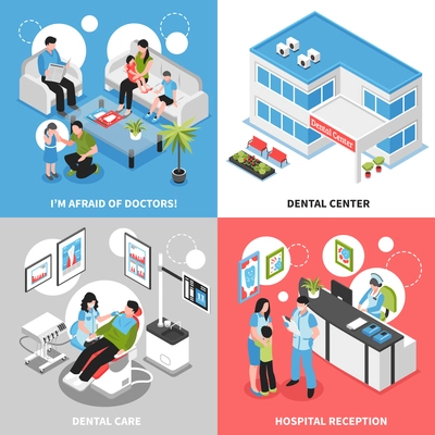 Dental center 2x2 isometric design concept set with hospital reception stomatologist care and parents soothing their little children vector illustration