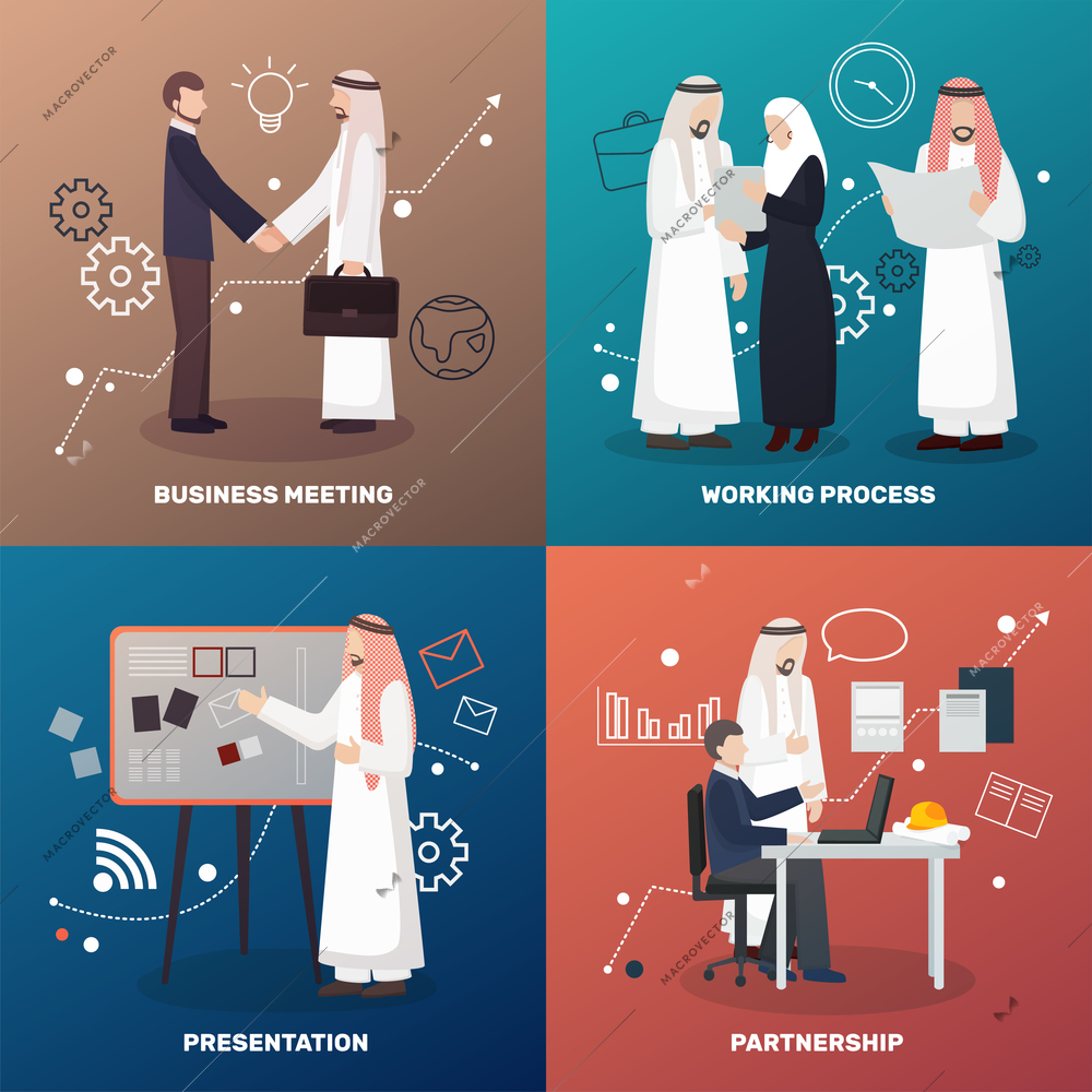 Arab business people 2x2 design concept with colorful image compositions of flat human characters and icons vector illustration