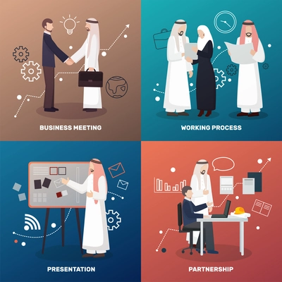 Arab business people 2x2 design concept with colorful image compositions of flat human characters and icons vector illustration