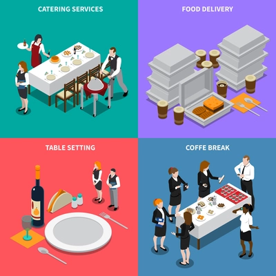 Catering services isometric design concept with waiters, table setting, coffee break, food delivery isolated vector illustration
