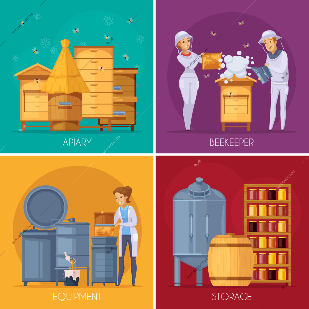 Apiary production concept 4 cartoon concept square with  beehives beekeepers collecting honey and storage equipment isolated vector illustration