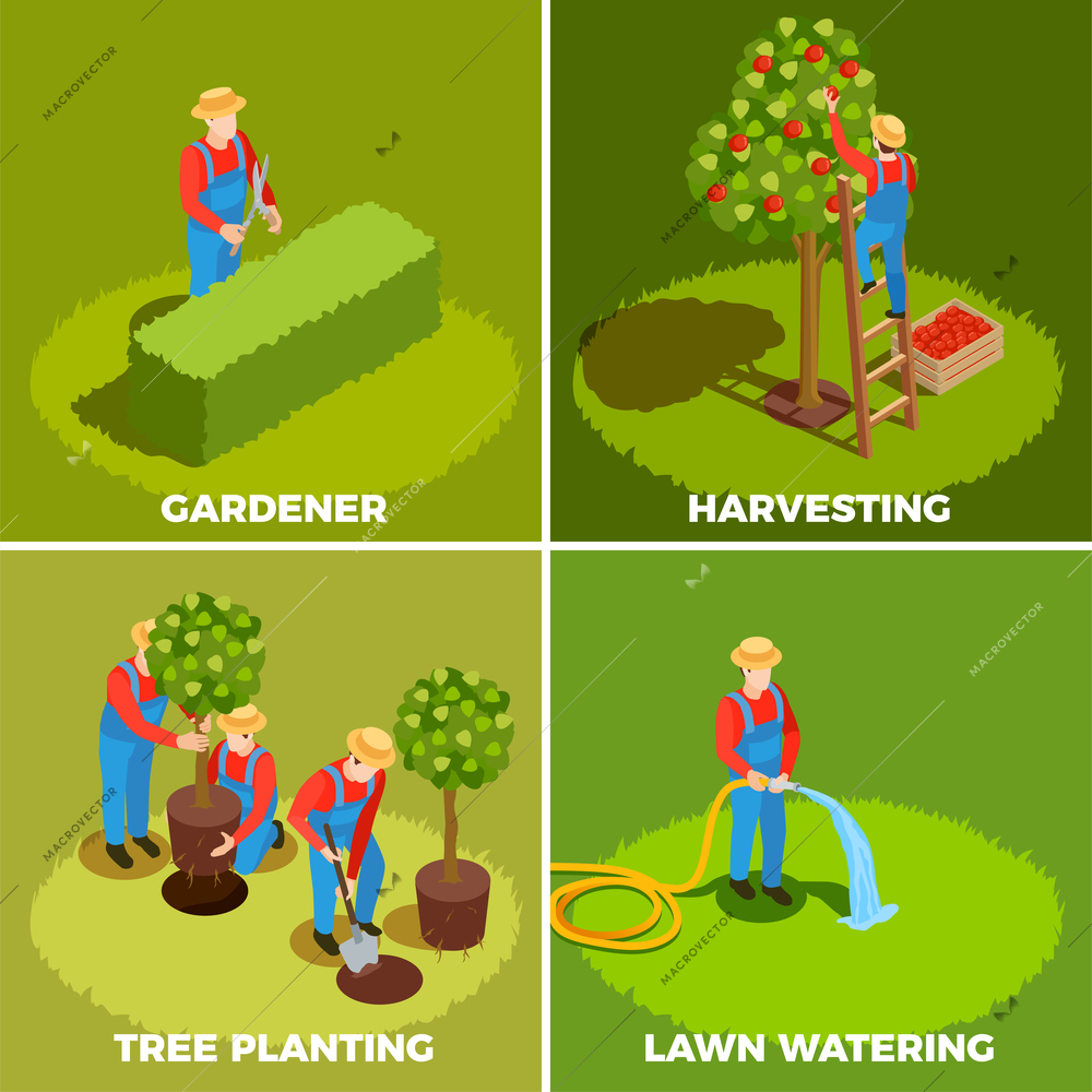 Gardener isometric people 2x2 design concept with human characters in hats and pinafores with gardening tools vector illustration