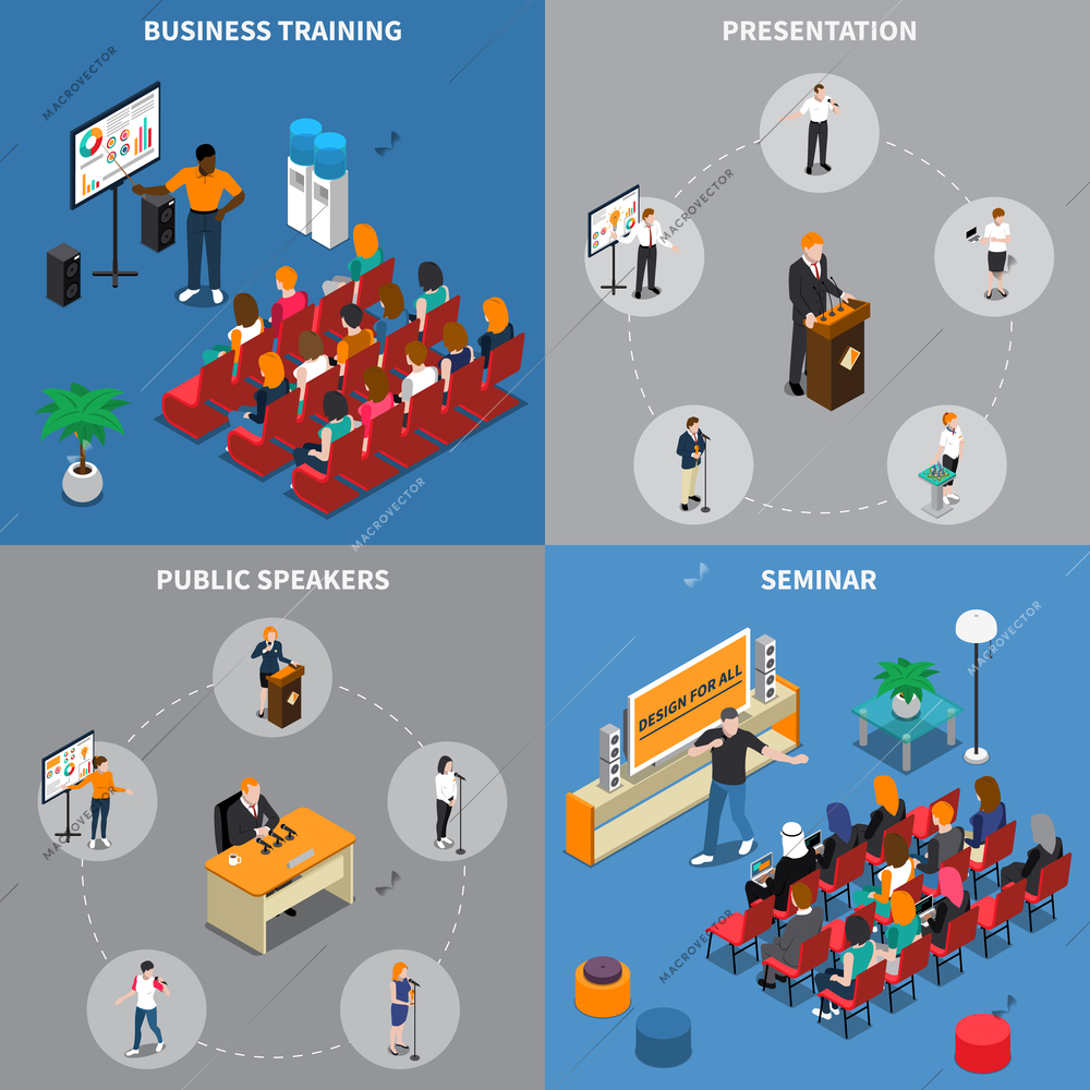 Isometric design concept with public speakers during business training, presentation, seminar and audience isolated vector illustration