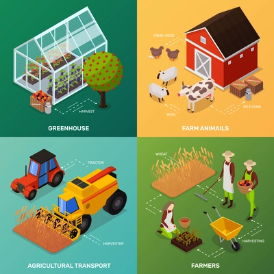 Organic farming products isometric icons 2x2 design concept with four compositions of farmers vehicles and buildings vector illustration