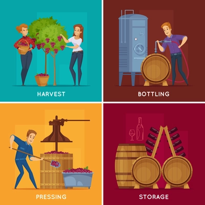 Winery production concept 4 cartoon concept square with grape harvesting pressing wine bottling storage isolated vector illustration