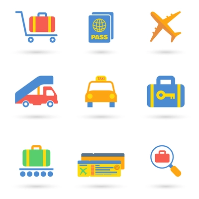 Airport icon flat set of transportation travel vehicle isolated vector illustration.