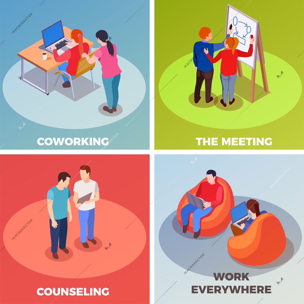 Coworking people isometric 2x2 design concept with compositions of human characters in coworking space with text captions vector illustration