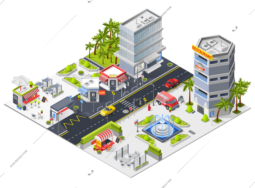 City landscape isometric composition with restaurants in urban skyscrapers and fast food mini cafe isometric vector illustration