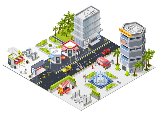 City landscape isometric composition with restaurants in urban skyscrapers and fast food mini cafe isometric vector illustration