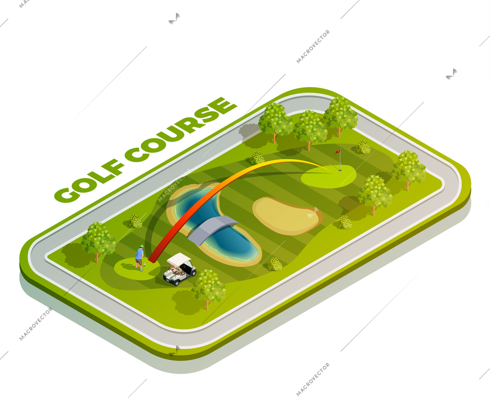 Golf isometric icon composition with rectangular golf course buggy car player and slashing trail with text vector illustration