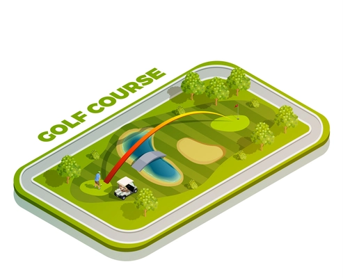 Golf isometric icon composition with rectangular golf course buggy car player and slashing trail with text vector illustration