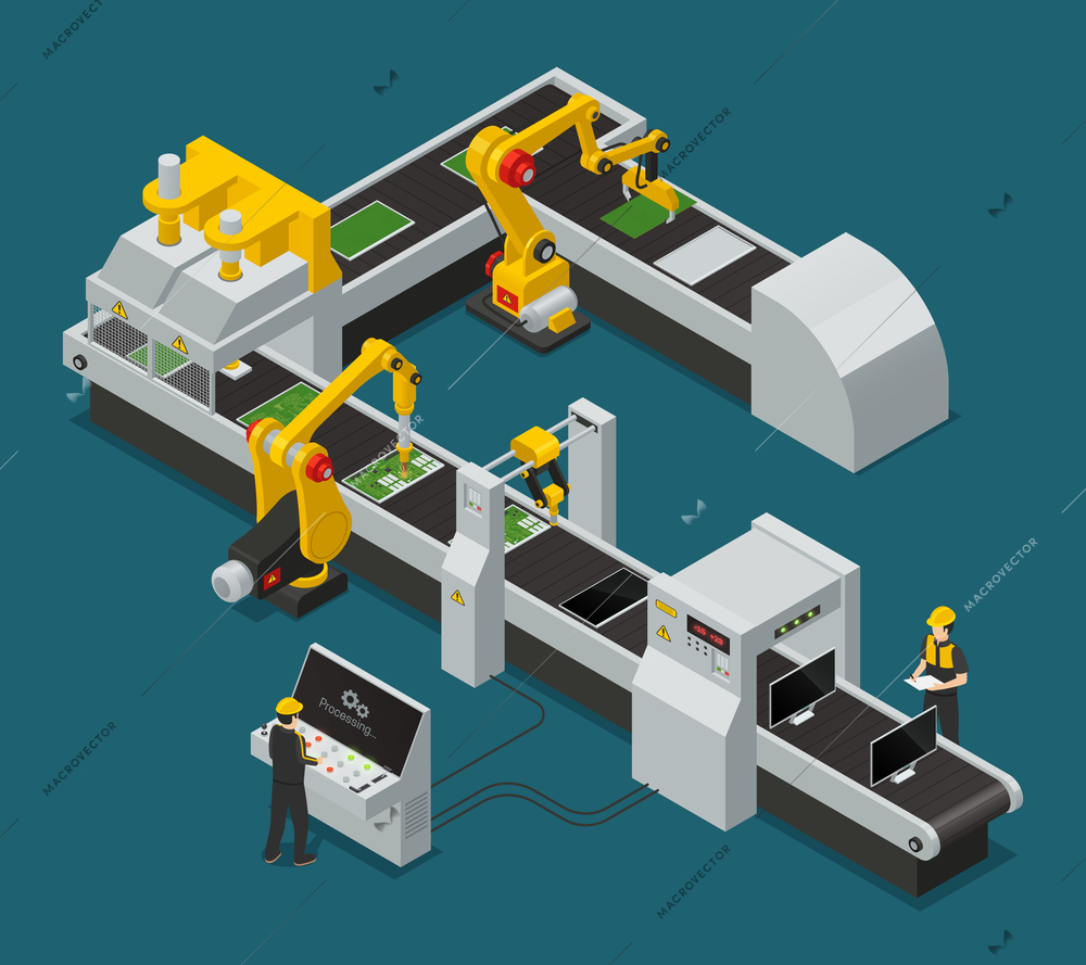 Colored electronics factory equipment staff isometric composition with workflow at the factory vector illustration