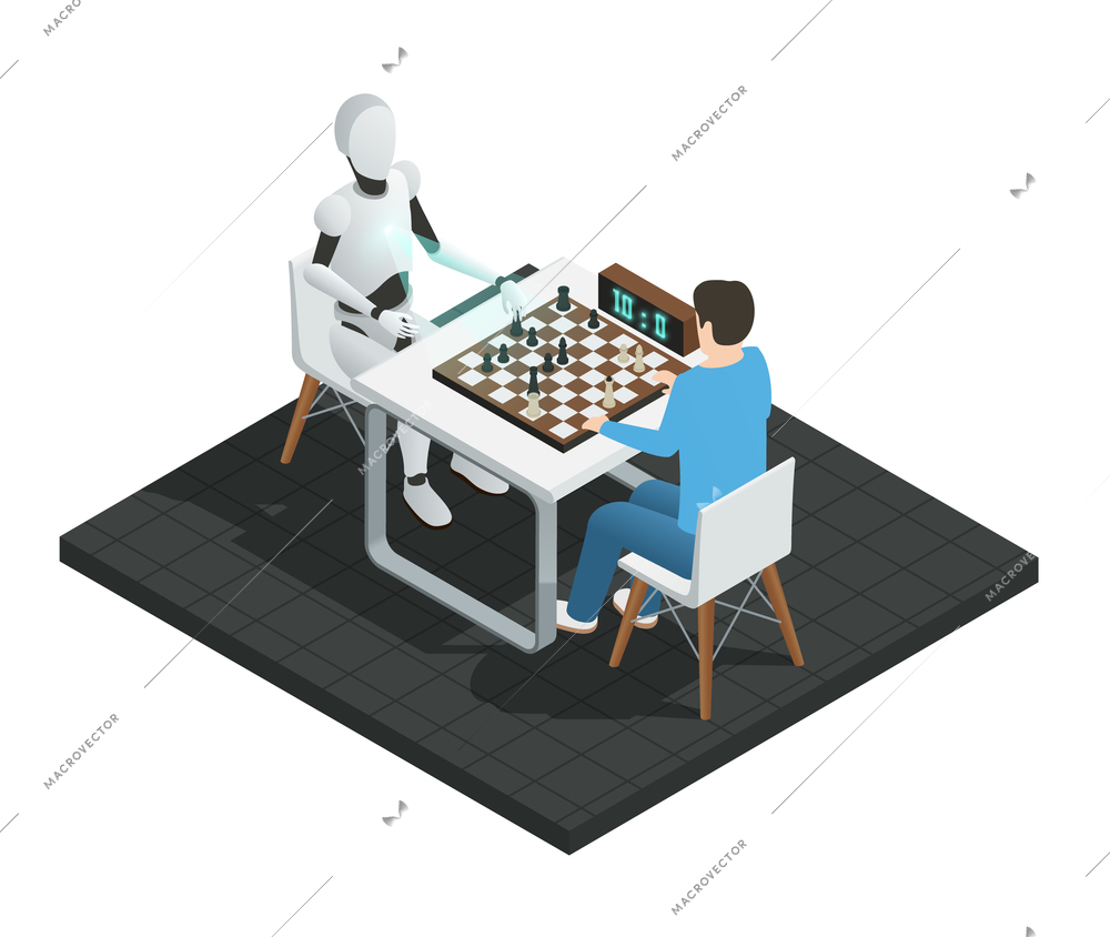 Colored realistic artificial intelligence isometric composition robot playing chess with a man vector illustration