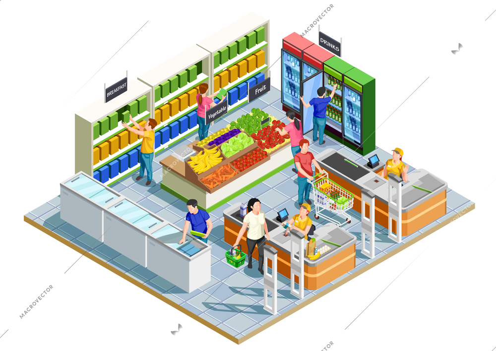 Male and female adults doing shopping in small supermarket on white background 3d isometric vector illustration