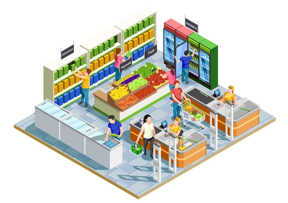 Male and female adults doing shopping in small supermarket on white background 3d isometric vector illustration