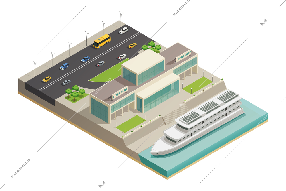 Modern river port building with luxurious holiday cruiser moored and highway on background isometric composition vector illustration