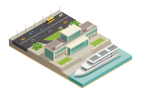 Modern river port building with luxurious holiday cruiser moored and highway on background isometric composition vector illustration