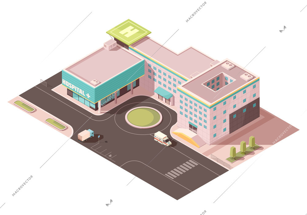 Hospital with signage, helicopter pad and ventilation equipment on roof, road infrastructure, transportation  isometric mockup vector illustration