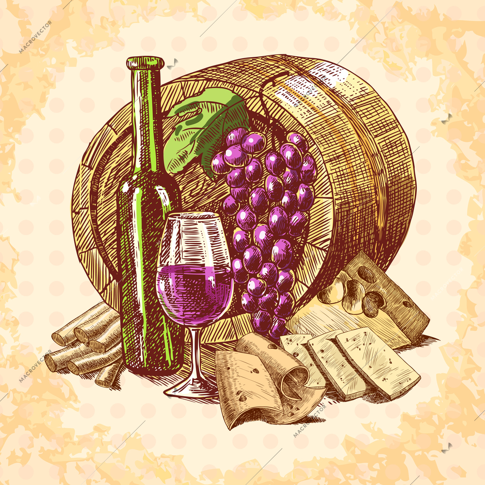 Wine vintage sketch decorative hand drawn background with barrel bottle and glass vector illustration