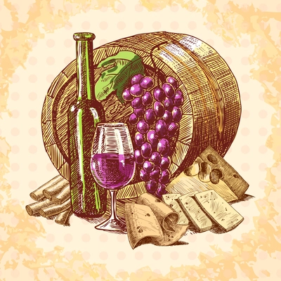 Wine vintage sketch decorative hand drawn background with barrel bottle and glass vector illustration