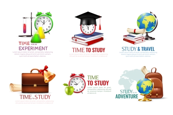 School graduation icons set with time to study symbols cartoon isolated vector illustration