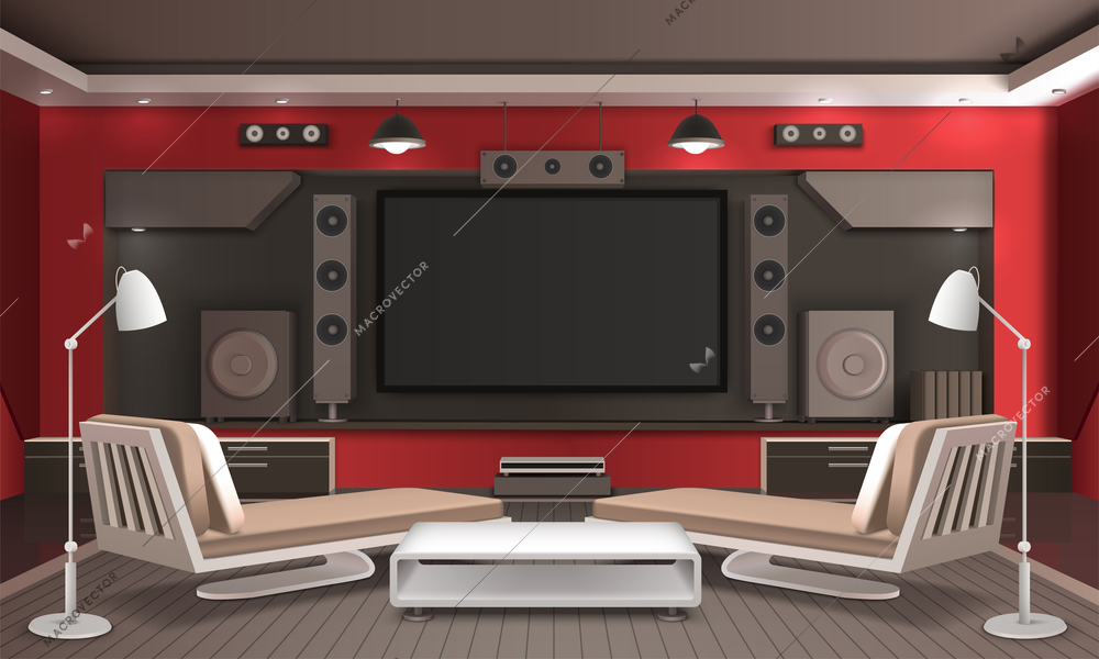 Home theater interior 3d design with audio video system, table and couches on grey floor vector illustration