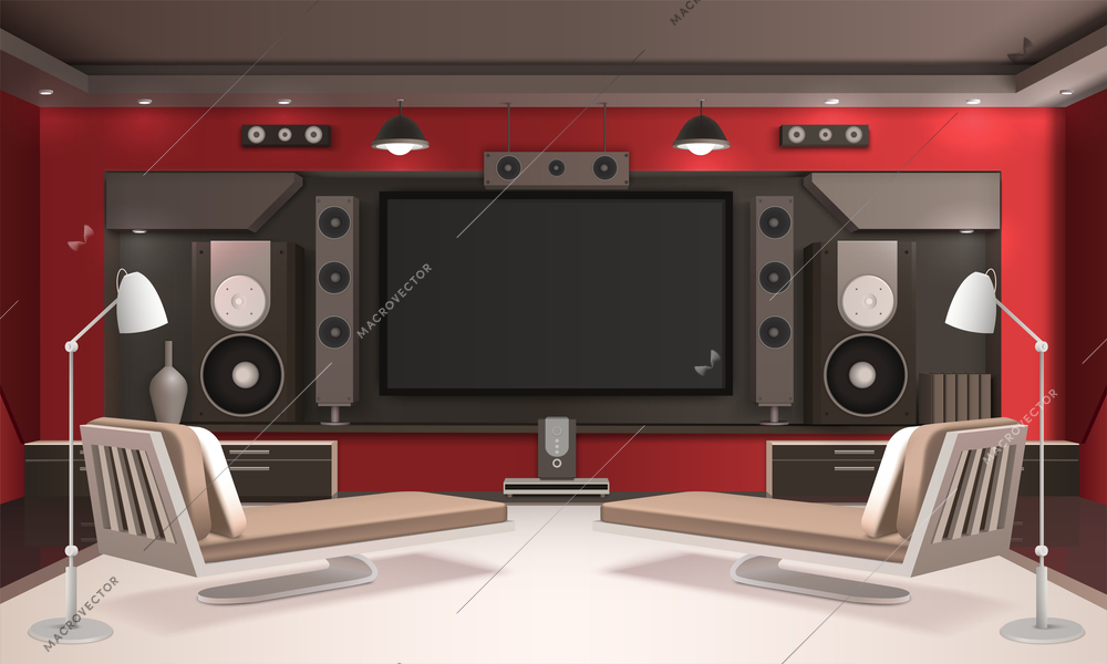 Modern home cinema interior with red walls, light floor, lamps, couches, tv and acoustic equipment vector illustration