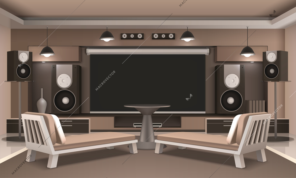 Modern home cinema interior with acoustic system, screen, couches with cushions and round table 3d vector illustration